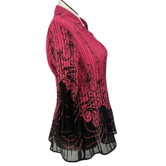 Lane Bryant Womens 18/20W Blouse Dark Pink Black Sheer Button-Down 3/4 Sleeves - Picture 4 of 8